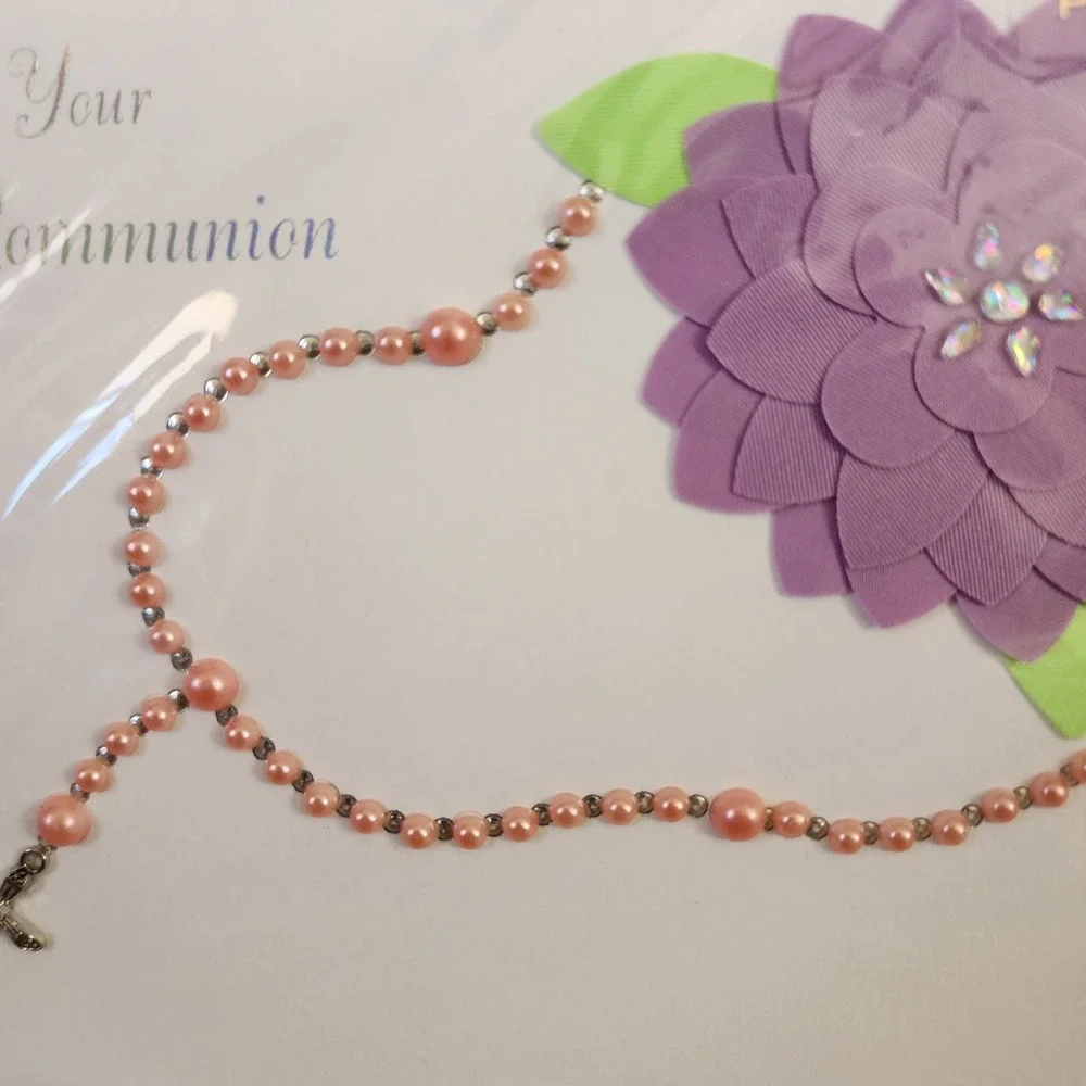 Papyrus First Communion Card 3D Flower Pink Rosary Beads Religious Greeting